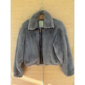 Elevenses Anthropologie Grey Faux Fur Cropped Bomber Jacket Full Zip XS 3459